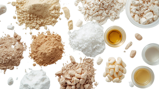 Various types of food ingredients including powders and grains on a white background